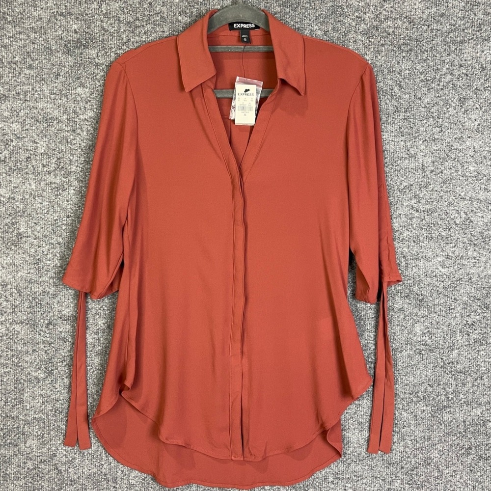 NEW Express Blouse Womens XS Rust Orange New Tie Sleeve V-Neck High Low Pullover